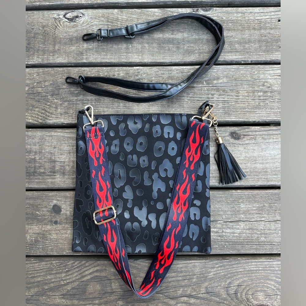 🔥NEW BLACK LEOPARD CROSSBODY BAG PURSE w/ TWO STRAPS FIRE FLAME PRINT & TASSEL